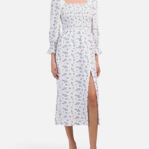 HOUSE OF HARLOW 1960 Linen Smocked Bodice Midi Dress NWT